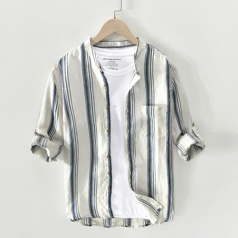 

2021 Autumn New Men Shirts Long Striped Jacket Mandarin Neck Classic All-male Casual Match 100% Linen Clothing Tops Y3448 3r2o, Brown