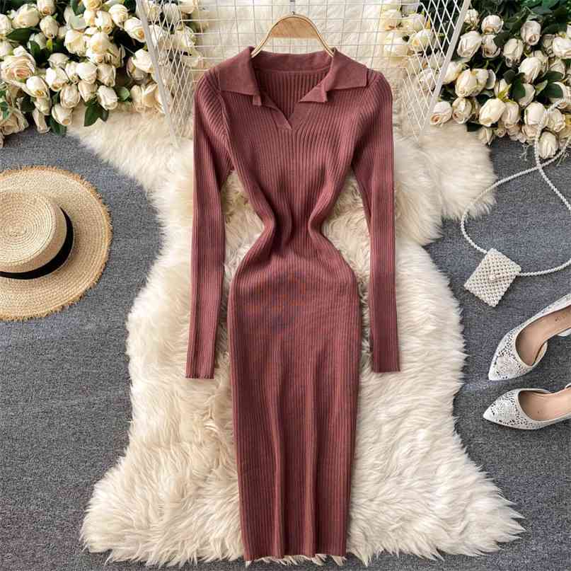 

Women's knitted dress autumn winter fashion turn down collar long sleeve slim fit sweater knee length casual es 210603, Dark gray