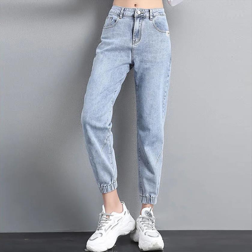 

casual baggy denim harem pants women jean streetwear ankle length korean style solid banded jeans female, Blue