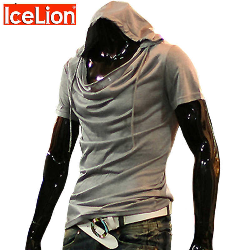 

IceLion Summer Heap Collar T Shirt Men Fashion Hooded T-shirt Hip Hop Streetwear Men's Short Sleeve Solid Fitness Tshirt 210629, Red