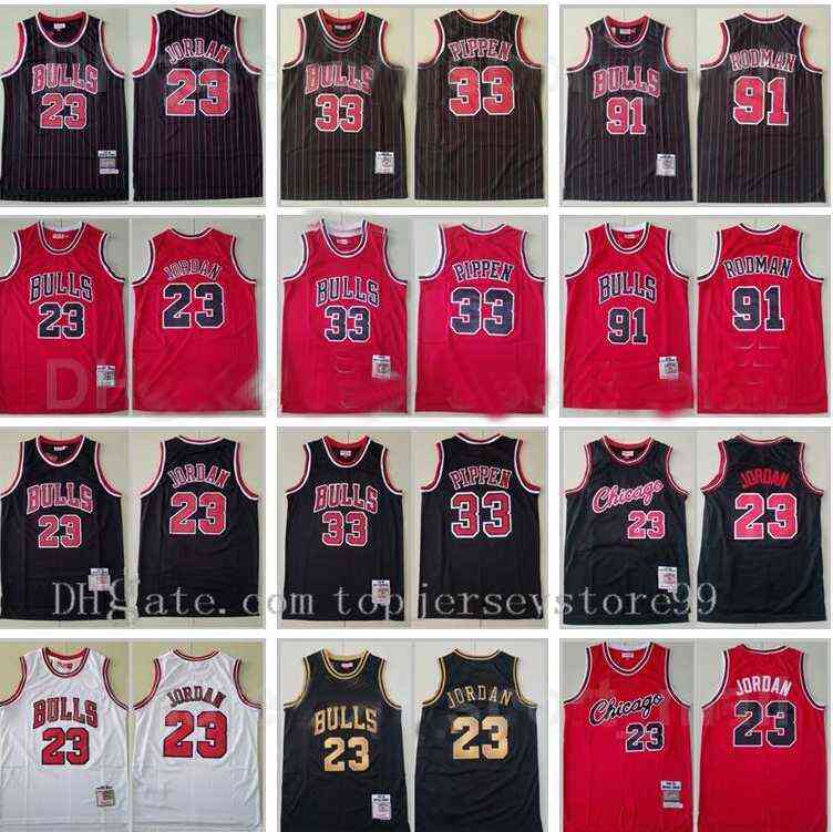 

100% Stitched Mens 33 Dennis Rodman 91 Michael 23 Breathable Team Red White Stripe Black Mitchell and Ness Basketball Scottie Pippen Jersey