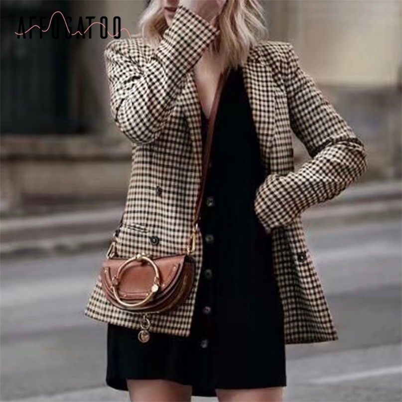 

Affogatoo Fashion double breasted plaid blazer women Long sleeve slim OL Casual autumn jacket female 211019, Khaki
