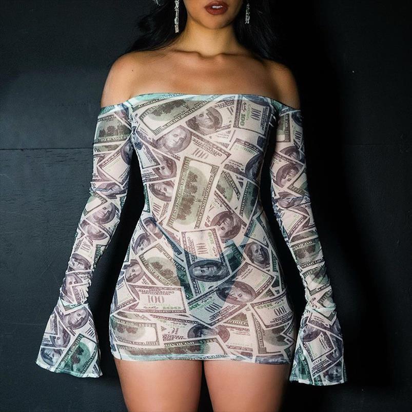 

money print flare sleeve women dresses off the shoulder mini for mesh see through bodycon club, Black;gray