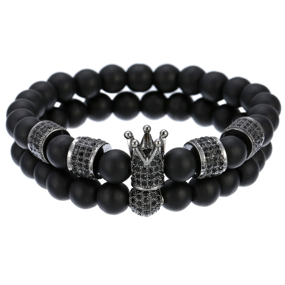 

2pcs/set Fashion Crown Charm Bracelet Natural Stone Beaded Bracelets For Mens Women Pulseras Masculina Jewelry
