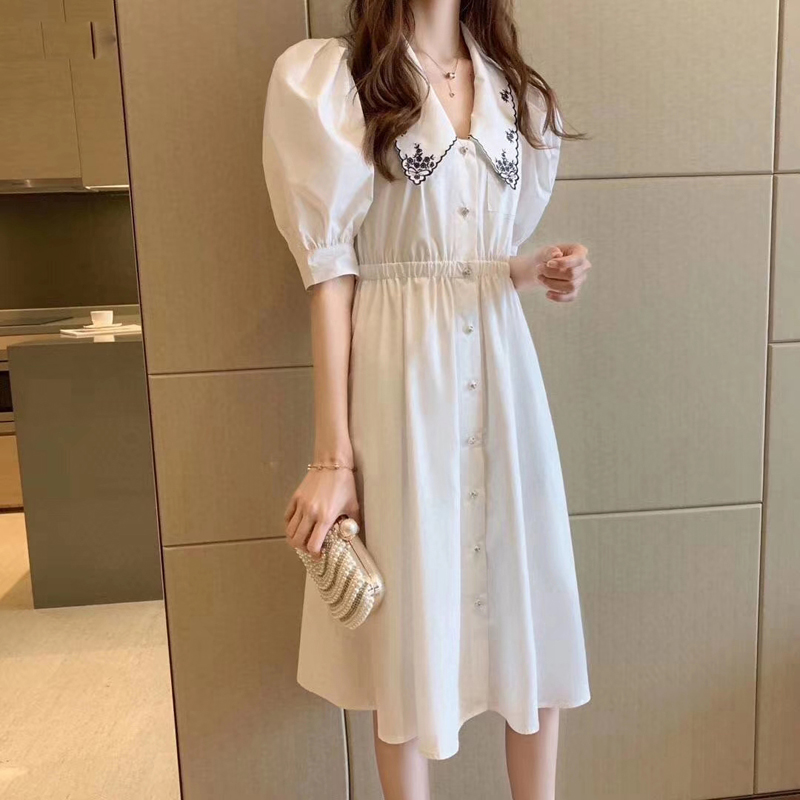 

Women Summer Short Puff Sleeve Midi Dress Vintage Embroidery Floral Female Boho Dress Casual Holiday Lady Beach Vestido, Black;gray