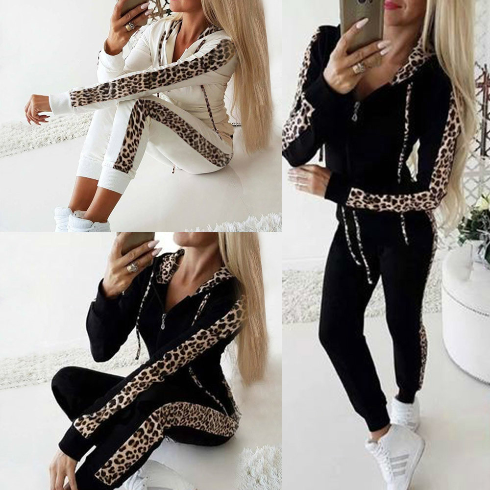 

2021 New Tracksuit Sport Spring Winter Two Piece Outfits Leopard Women Clothes Set Hoodies + Pants Track Suit Sets 5mqz, White