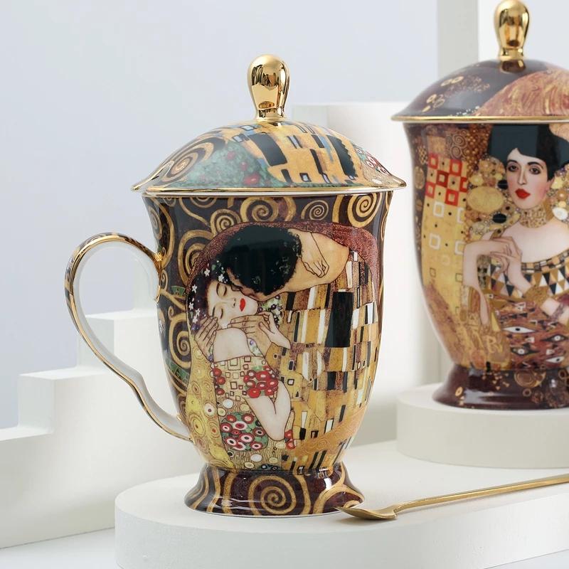 

Cups & Saucers Coffee Mug With Lid And Spoon Bone China Ancient Klimt Painting Tea Luxury Gift
