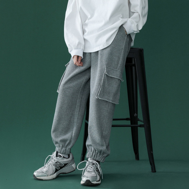

2021 New Cotton Casual Men's Fashion Multi-pocket Cargo Men Streetwear Korean Loose Straight Pants Mens Joggers Sweatpants Dxe9, Gray
