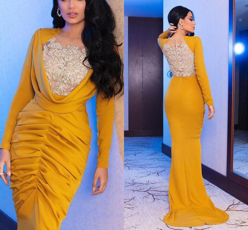 

Bright Yellow Mermaid Evening Dresses Beaded Applique Lace Sheer Neck Satin Formal Second Reception Party Gowns Arabic Aso Ebi Prom Dress, Champagne