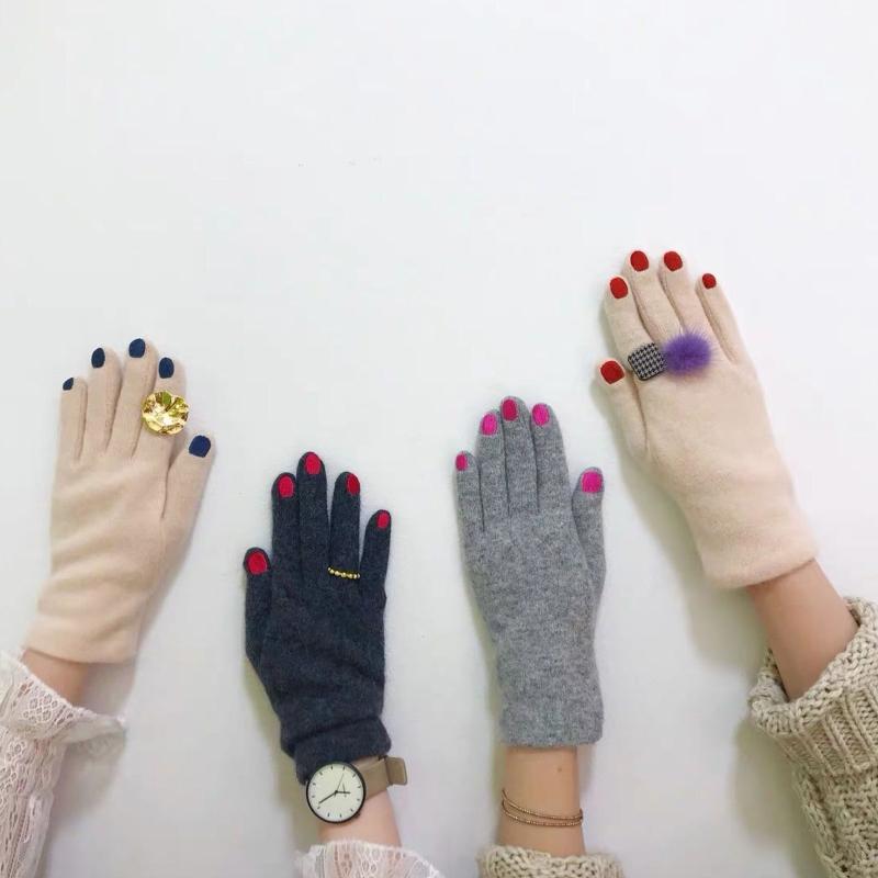 

Five Fingers Gloves Japanese Women Funny Nail Pattern Embroidery Winter Warm Thicken Faux Wool Cycling Driving Solid Color Mittens