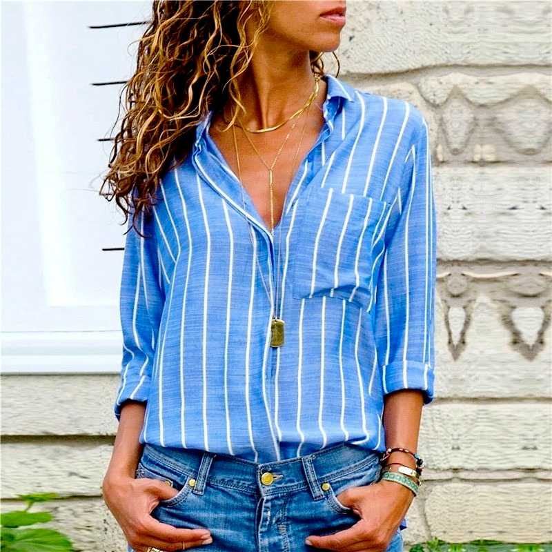 

Plus Size Autumn Winter Tops Women Casual Long Sleeve Shirts V-neck Striped Blouses Ladies Loose T-shirt Office Wear Printed Top, Grey