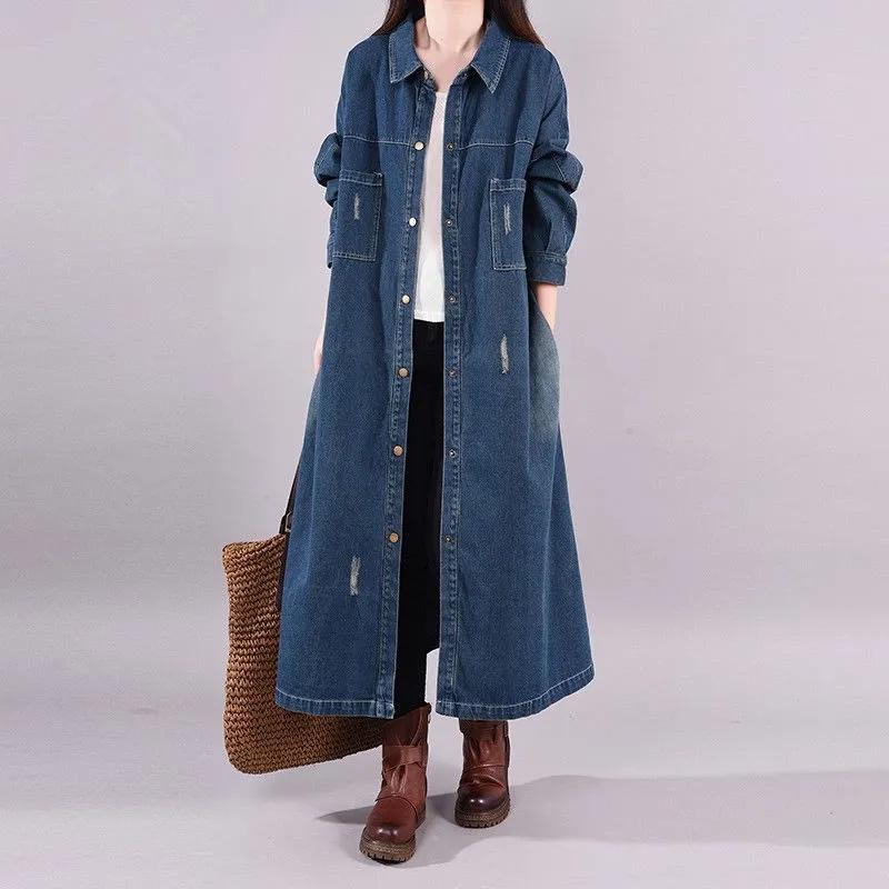 

Women's Trench Coats Female 2021 Spring Autumn Literary Large Size Loose Long Denim Shirt Skirt Was Thin Versatile Windbreaker Coat Women Co, Black