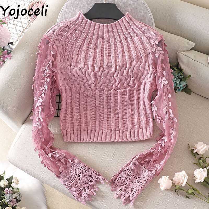 

Yojoceli Sexy lace sleeve knitted women sweater Autumn party casual daily kintted jumper Winter white pullover 210609, Red