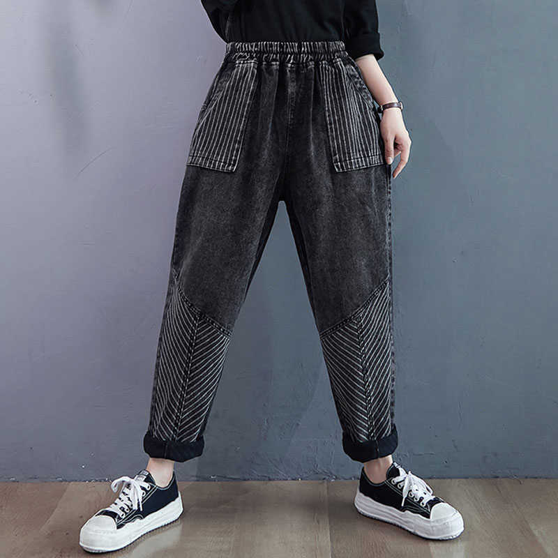 

Autumn Winter Arts Style Women Elastic Waist Loose Vintage Jeans Stripe Pocket Casual Denim Harem Pants Plus Size M968 210608, Picture color