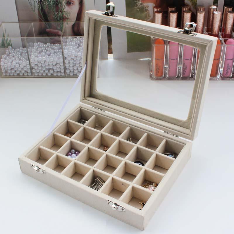 

Storage Boxes & Bins Gray 24 Slots Velvet Jewelry Case Box With Glass Lid For Earring Ring Pendant Arrival Organizer Cover, Light grey