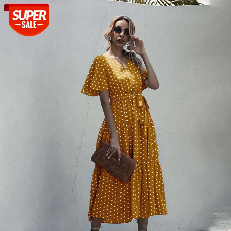 

High Waist Print Dots Long Pleated Women's Dress V-neck Flare Short Sleeve Female Dresses 2021 New Casual Fashion Ladies Clothes #MV3m, Black;gray