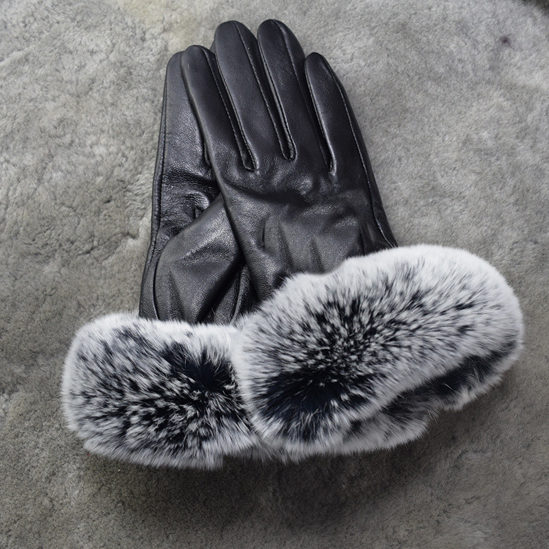 

Female winter leather gloves with plush touch screen Rex Rabbit Fur mouth Korean version cycling cold proof and warm sheepskin split finger