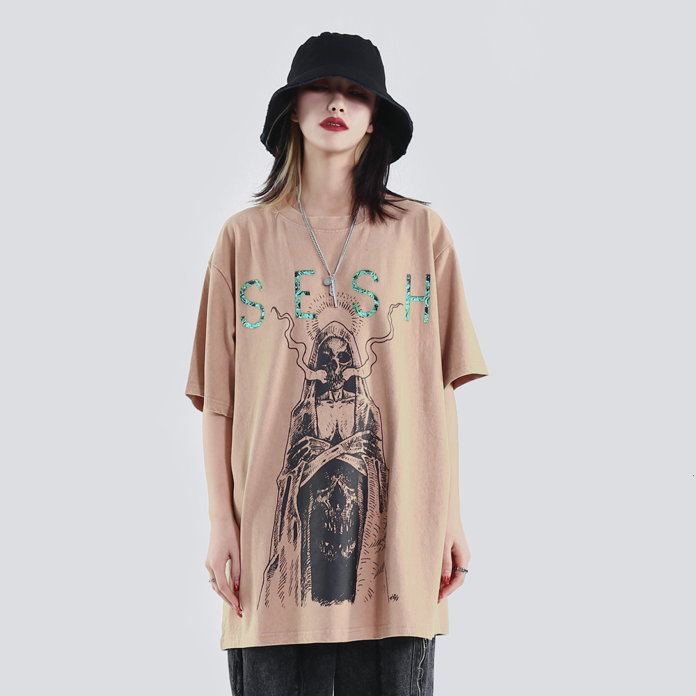 

2021 New Khaki Graphic Goth Clothes Harajuku Shirts Punk Satanic Streetwear Sunmer Tops Women Clothing 06xu, Black