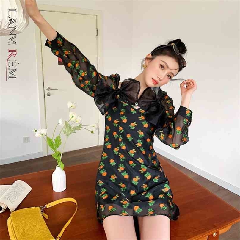 

Women Dress Jacquard Black Bow High Waist Long Sleeve Temperament Fashion Summer Arrivals 2H721 210526