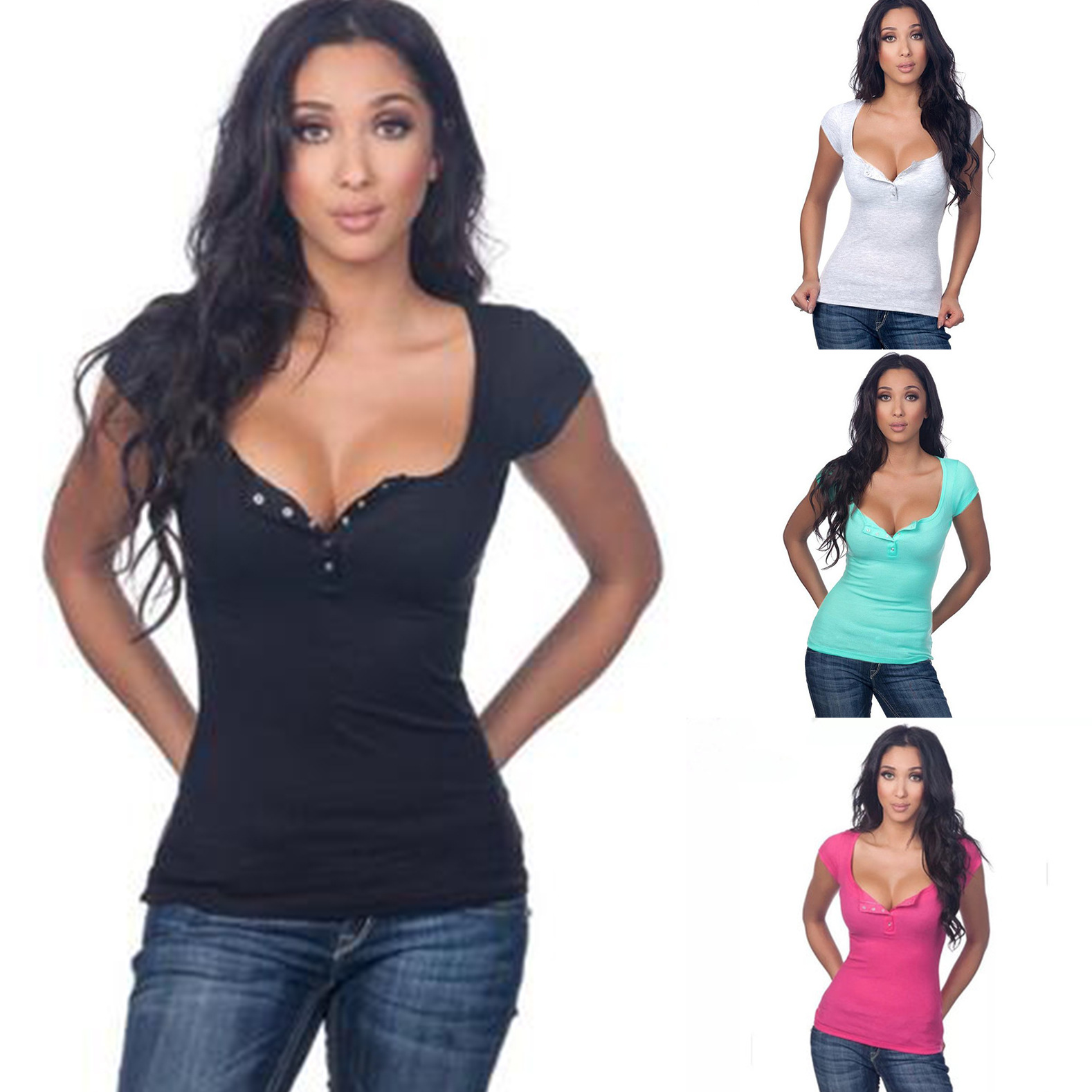 

2021 Summer Women t shirts Casual Button Deep V Neck Solid Short Sleeve Ladies Shirts Tops T-shirt for Girls Femininas Blusas, Green