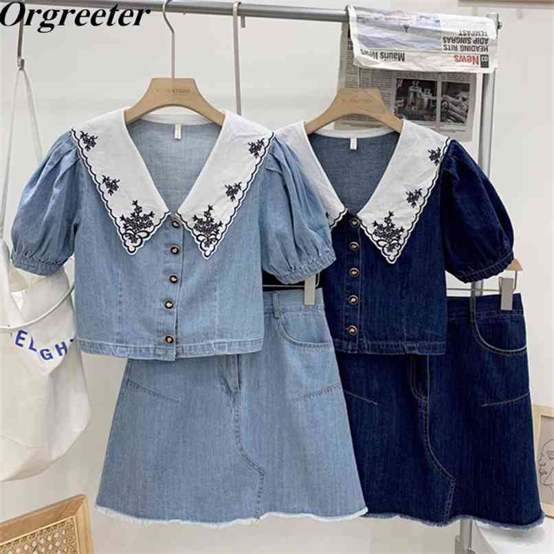 

Summer Thin Denim Suit Female Retro Embroidery Lapel Stitching Puff sleeve Short Shirt and High waist A-line Skirts 2PCS 210602, Sky blue
