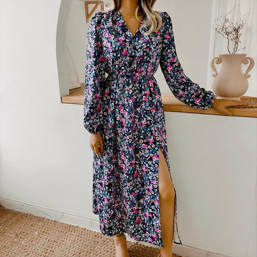 

autumn vintage a line women dresses print mid calf long split v button slit boho vestidos, Black;gray