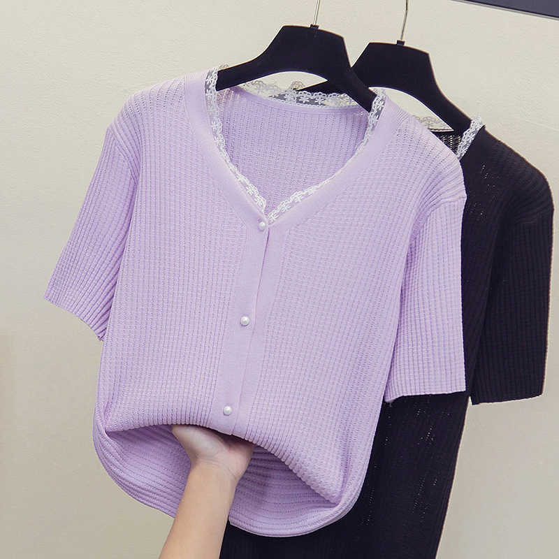 

M- plus size women Summer thin sweater cardigan short sleeve v neck button kint coat casual Oversized jumper 210604, Purple