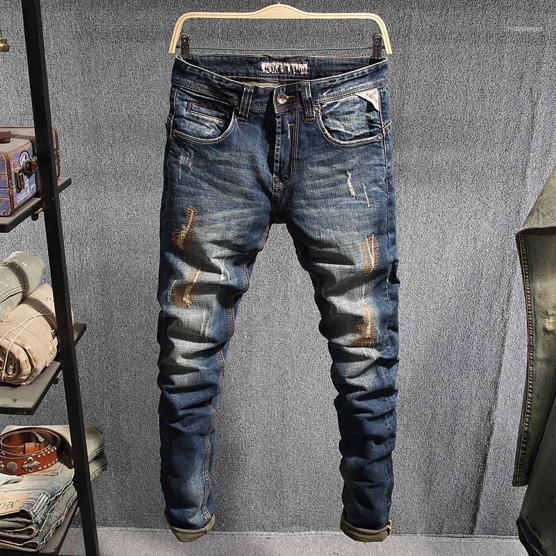 

Men's Jeans Italian Style Fashion Men Retro Blue Patchwork Ripped Cotton Denim Pants Streetwear Vintage Designer Homme1, Retro dark blue