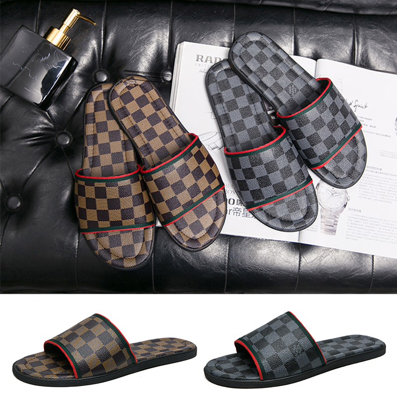 

Genuine Leather mens Slippers luxury Checkered pattern Brand designer Slides black brown Beach flip flop outdoor Indoor Flat fashion Sandals Large size 38-48