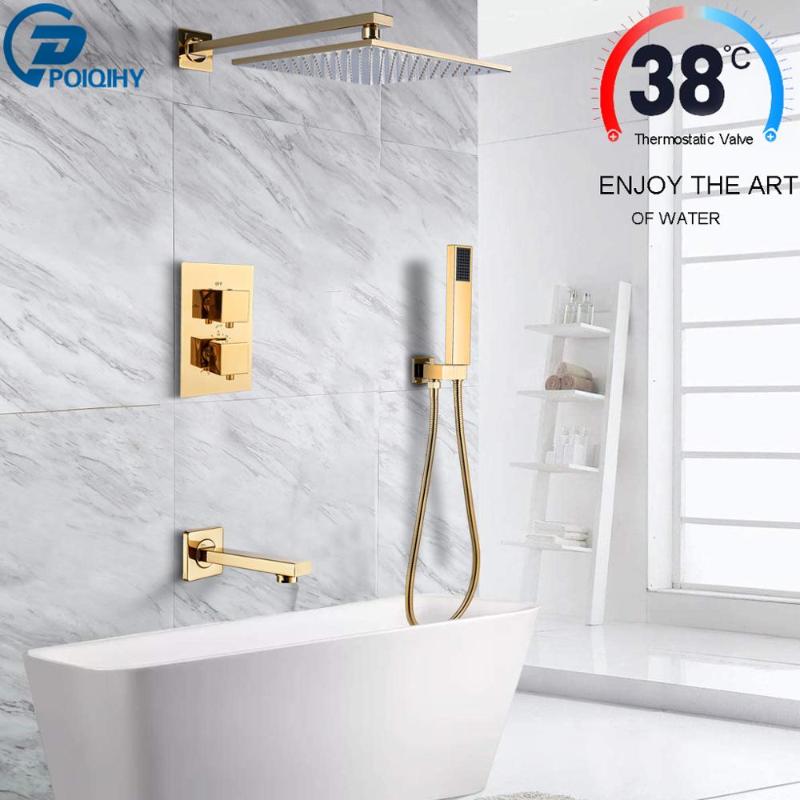 

POIQIHY Golden Shower Set Thermostatic Dual Handle Bath Shower Faucet Rotating Bath Spout Concealed Bathroom Mixers Tap