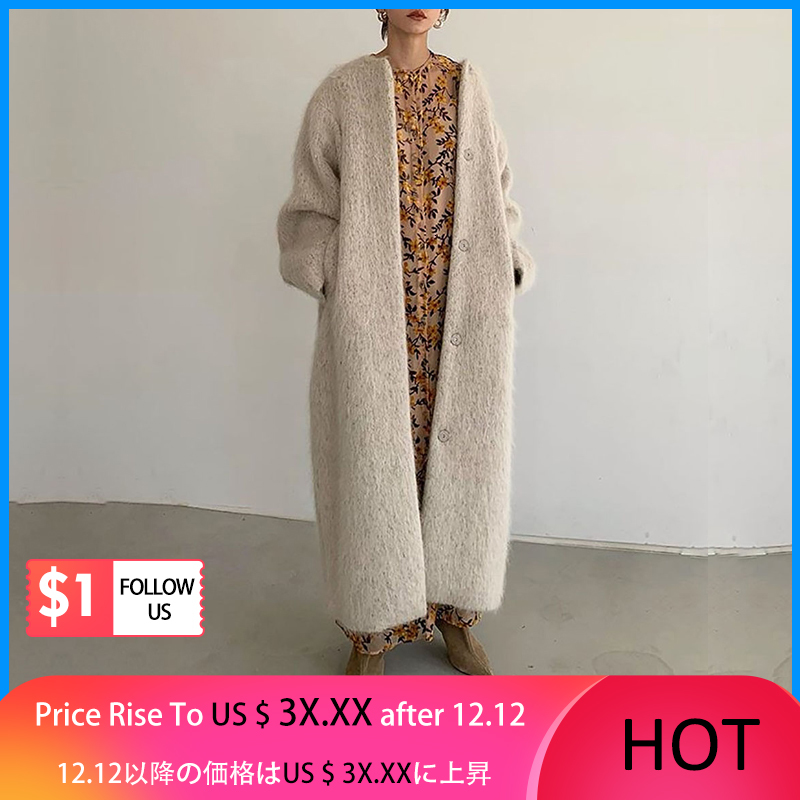 

2021 New Long Fashion Apricot Winter Elegant Steel Wool Blended Large Size Women's Coat Hbp2, Ivory