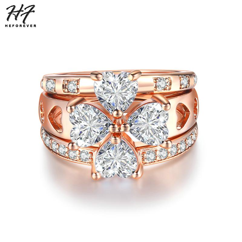 

Cluster Rings Luxury Love Heart Flower Wedding Ring Set For Women 3 PCS Rose Gold Color CZ Crystal Fashion Engagement Jewelry Xmas R673, Golden;silver