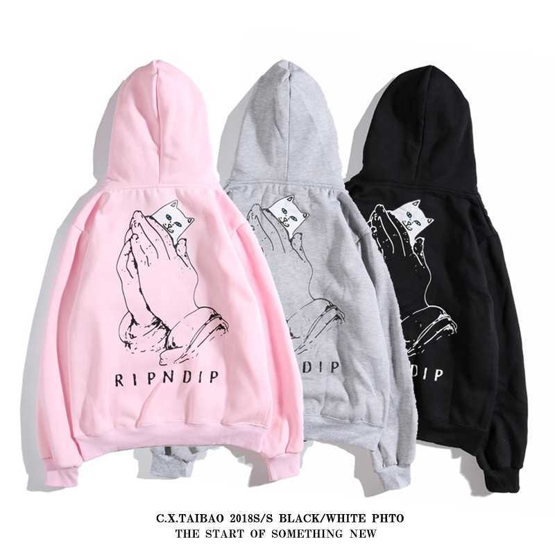 

Qiudongchao brand hip-hop personality middle finger Cat Sweater men' and women' wear Plush Hoodie student class coat, Gray