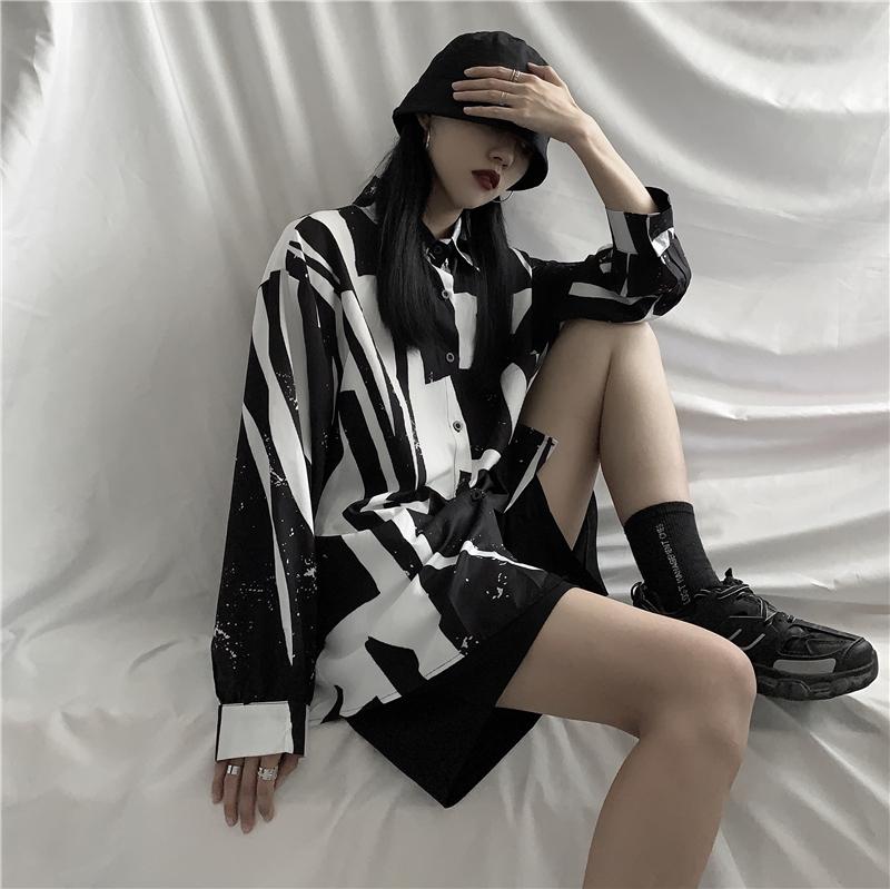 

Women's Blouses & Shirts Ins Black And White Print Long Sleeve Plus Size Clothing For Women Harajuku Hipster Loose Ladies Tops Casual, Photo color