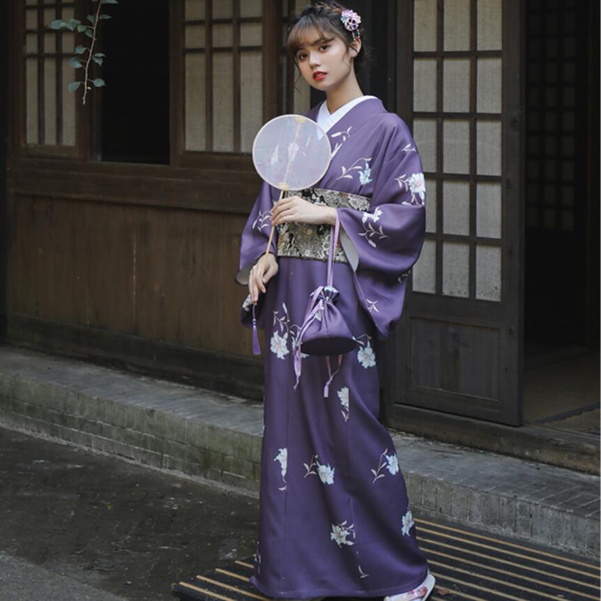

Anime Costumes Japanese Traditional Flower Kimono Vintage Stage Show Costume Cosplay purple long gown elegant asian dress Women Sakura Suit