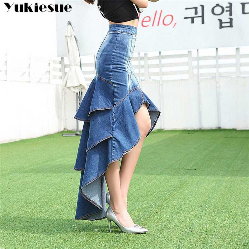 

Lady Long Denim Skirt High Waist Gradient Tassel Jeans Trumpet Cool Fish Tail Mermaid Bohemian Maxi Skirts mermaid skirts female 210608, Blue