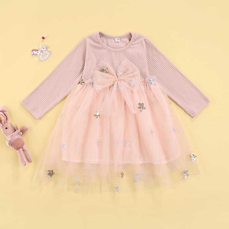 

Girl's Dresses Princess Infant Baby Cute Dress Little Girls Knitting Long Sleeve Stitching Mesh Bow Waist Sparkling Sequins Spring Costume, Red;yellow