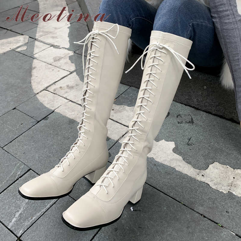 

Meotina Women Long Boots Shoes Real Leather High Heel Knee High Boots Square Toe Lace Up Block Heels Ladies Boots Beige Size 43 210608, Black synthetic lin