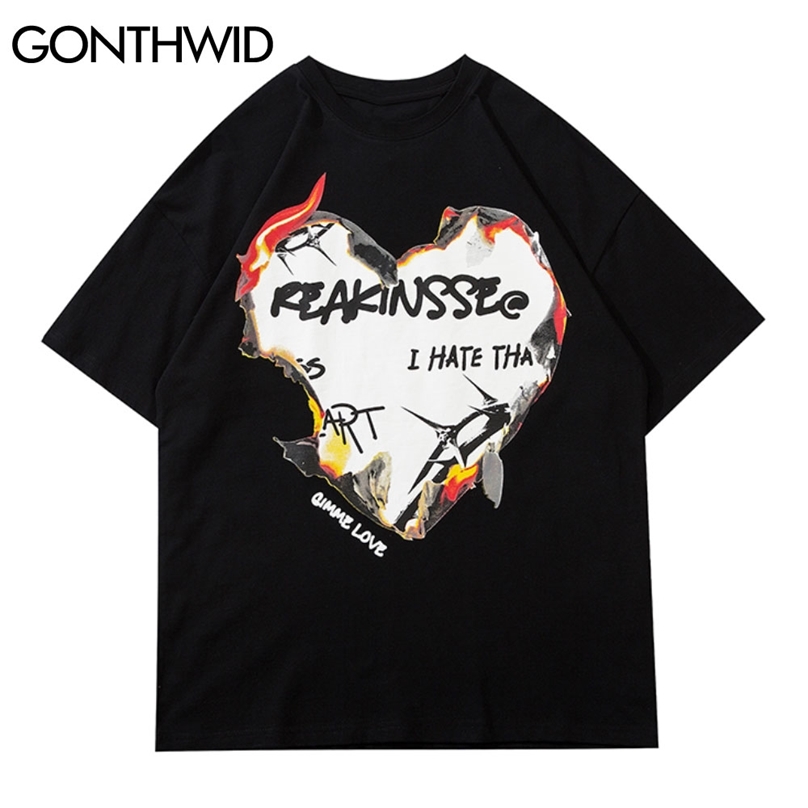 

Tees Shirts Streetwear Casual Fire Flame Heart Print Short Sleeve Tshirts Hip Hop Fashion Harajuku Cotton Tops 210602, White