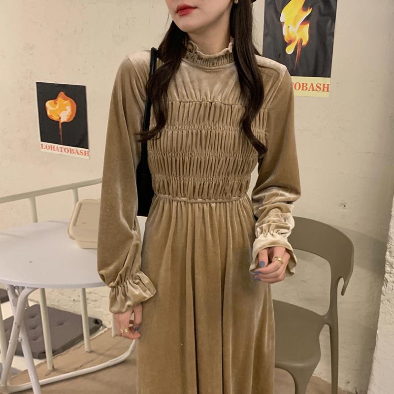 

Casual Dresses Slim Autumn Vintage Elastic Pleated Stand Flare Sleeve Black Velvet Dress Women Sexy Party Full Vestidos Mujer Elegant Wild, Black;gray