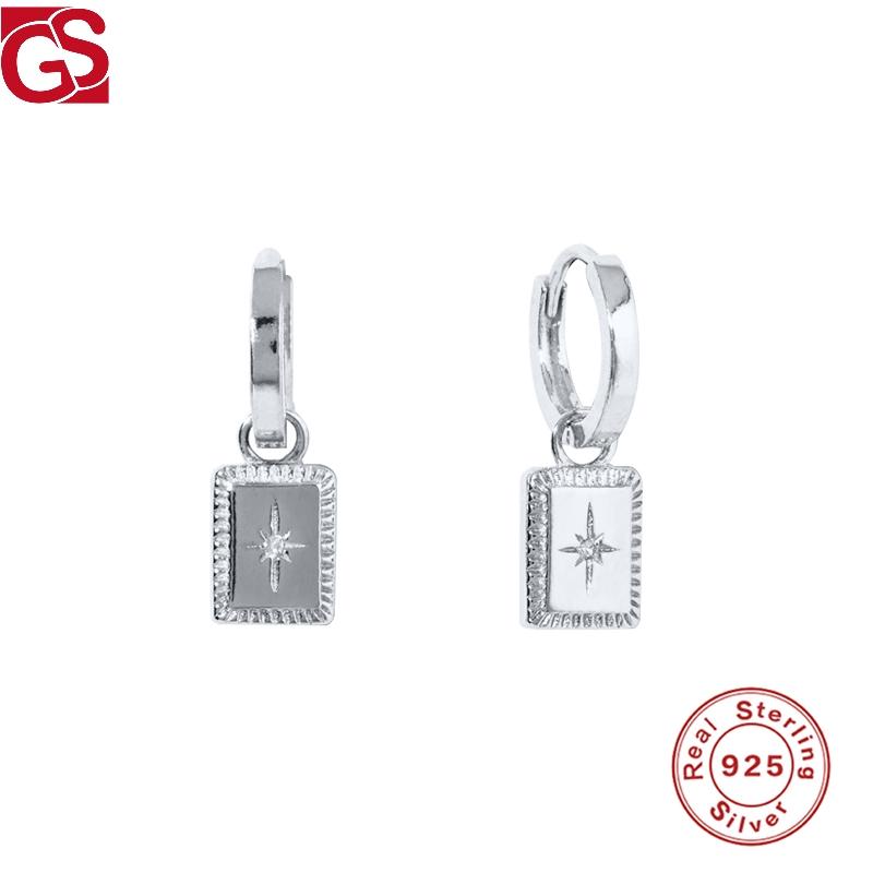 

GS 925 Sterling Silver Brincos Women Hoop Earring Rectangular Star Print Pendientes Fashion Boucle Oreille Femme Fashion Jewelry