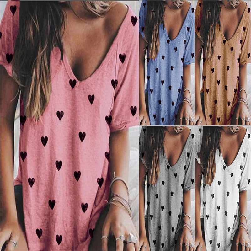 

2021 New Vero Moda Amor Impresso Solta T-shirts Sexy Com Decote Em v Manga Curta Das Mulheres Camiseta Topos Casuais Plus Size Tshirts Vinta, Blue