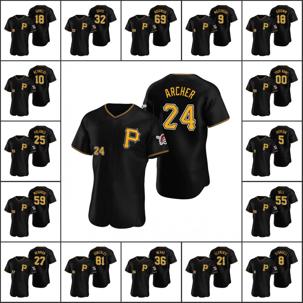 

PittsburghPirates Men Women Youth #21 Roberto Clemente 10 Bryan Reynolds 55 Josh Bell 24 Chris Archer Custom Black Authentic Alternate Jersey