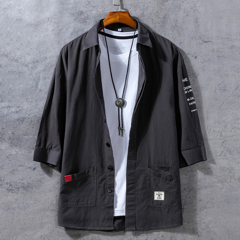 

2021 New Oversized Cotton Military Mens Blouses Fashion Summer Casual Shirts Top Men Loose Short Sleeve Japanese Male Blouse Fn1r, Black