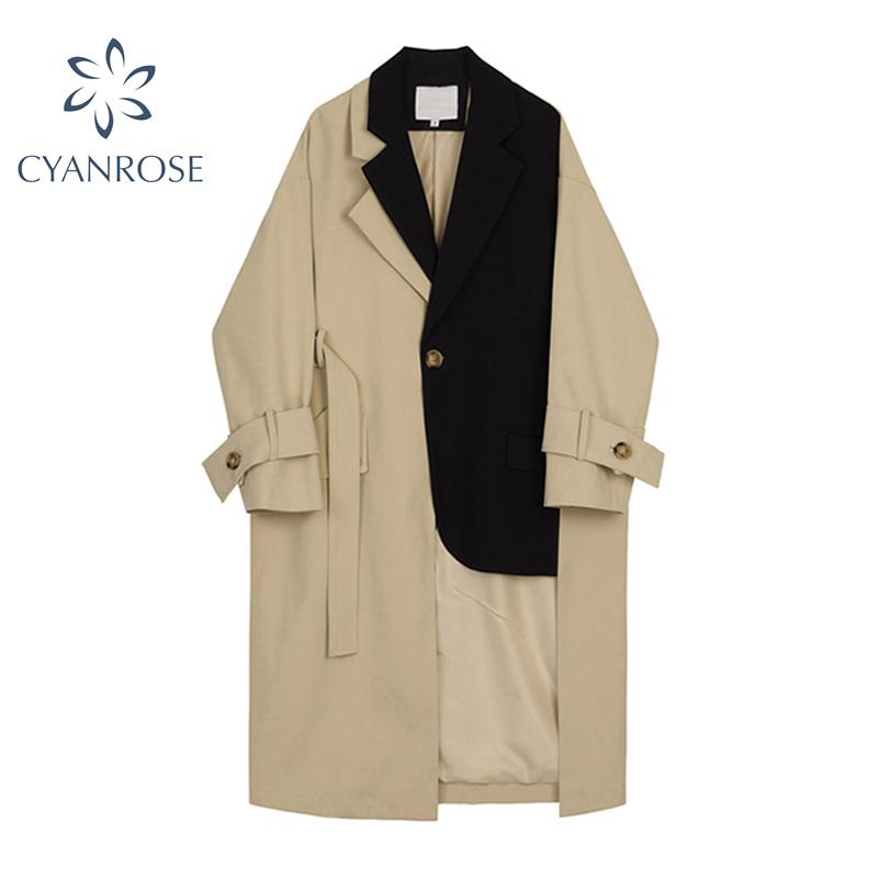 

Women's Trench Coats Korean Loose Long Sleeve Women One-Button Hit Color Design Suit Windbreaker Jacket Female 2021 Autumn Clothing, Tan;black