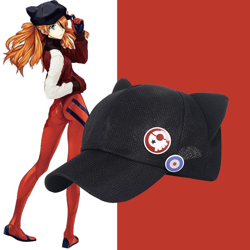

Beanies Anime Hat Cute Cat Ears EVA Asuka Langley Soryu Cosplay Cotton Adult Kids Baseball Mesh Cap Badge Prop Party