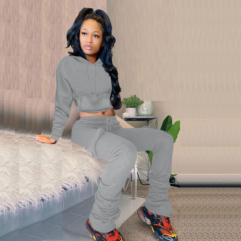 

Women's Two Piece Pants Sexy 2 Set Long Sleeve Crop Top Hoodie Stacked Tracksuit Women Fall Winter Clothes Loungewear Matching Sets, White