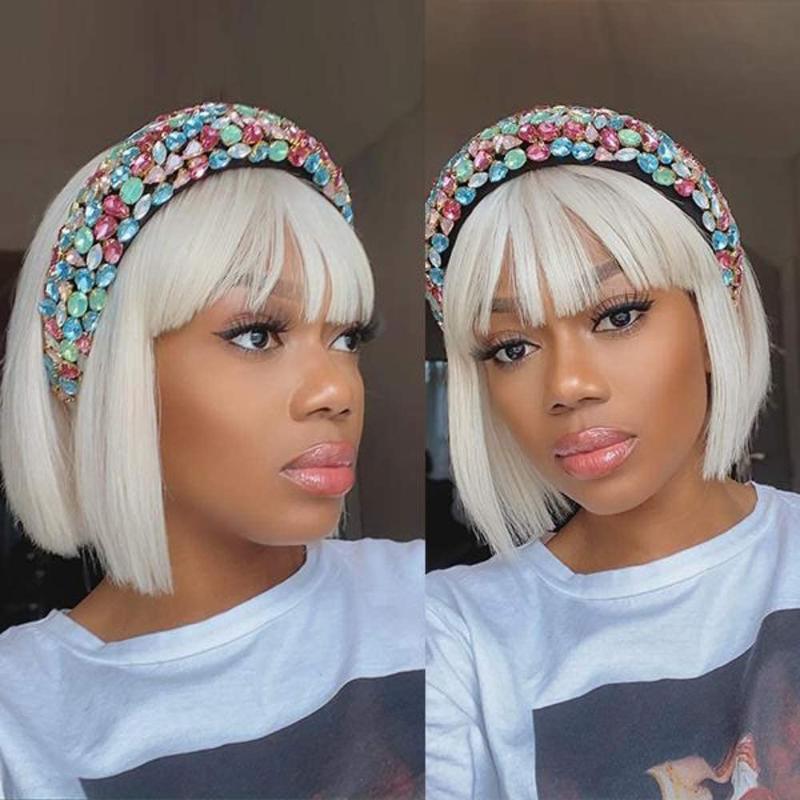 

Lace Wigs Short Bob Wig With Bangs Blonde Straight Human Hair Blone 60# Colorful Cosplay Daily Party For Women Thick 8/10/12 Inch, Natural color
