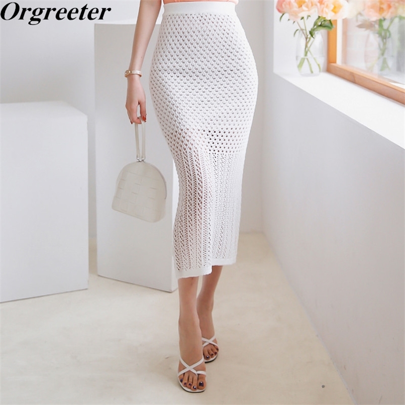 

Vintage Bohemian Crochet Hollow out Knitted Long Wrap Skirts High waist Elegant Bodycon Female 210602, White