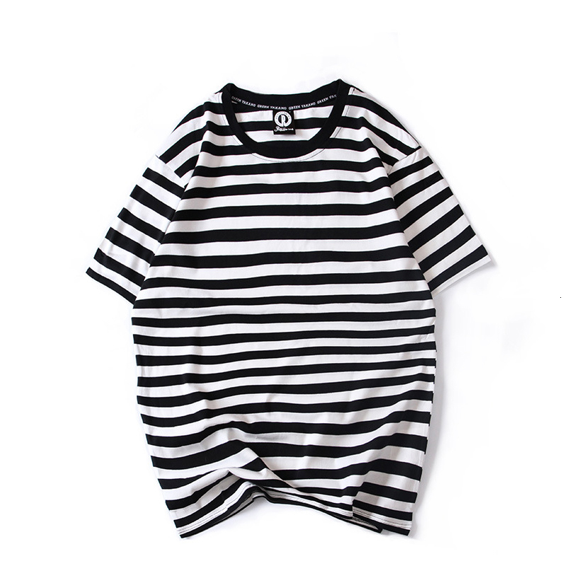 

2021 New Nova Chegada Vero Estilo Wear Preto Branco Listrado Marinheiro Casual e Curto O-pescoo Algodo t Camisa Tshirt Homme 92hi, Black